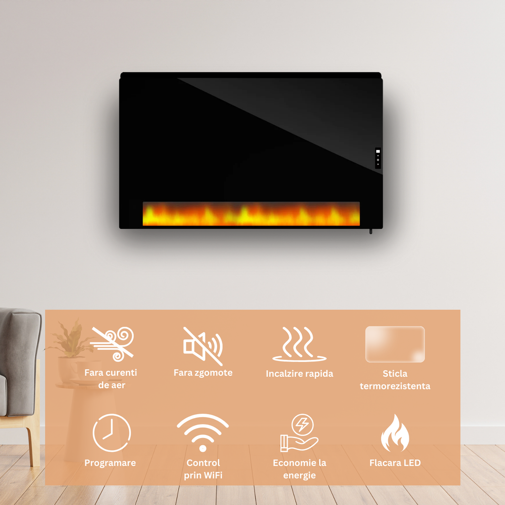 Panou radiant cu infrarosu Novosun din sticla termorezistenta cu flacari LED cu Termostat Smart WiFi